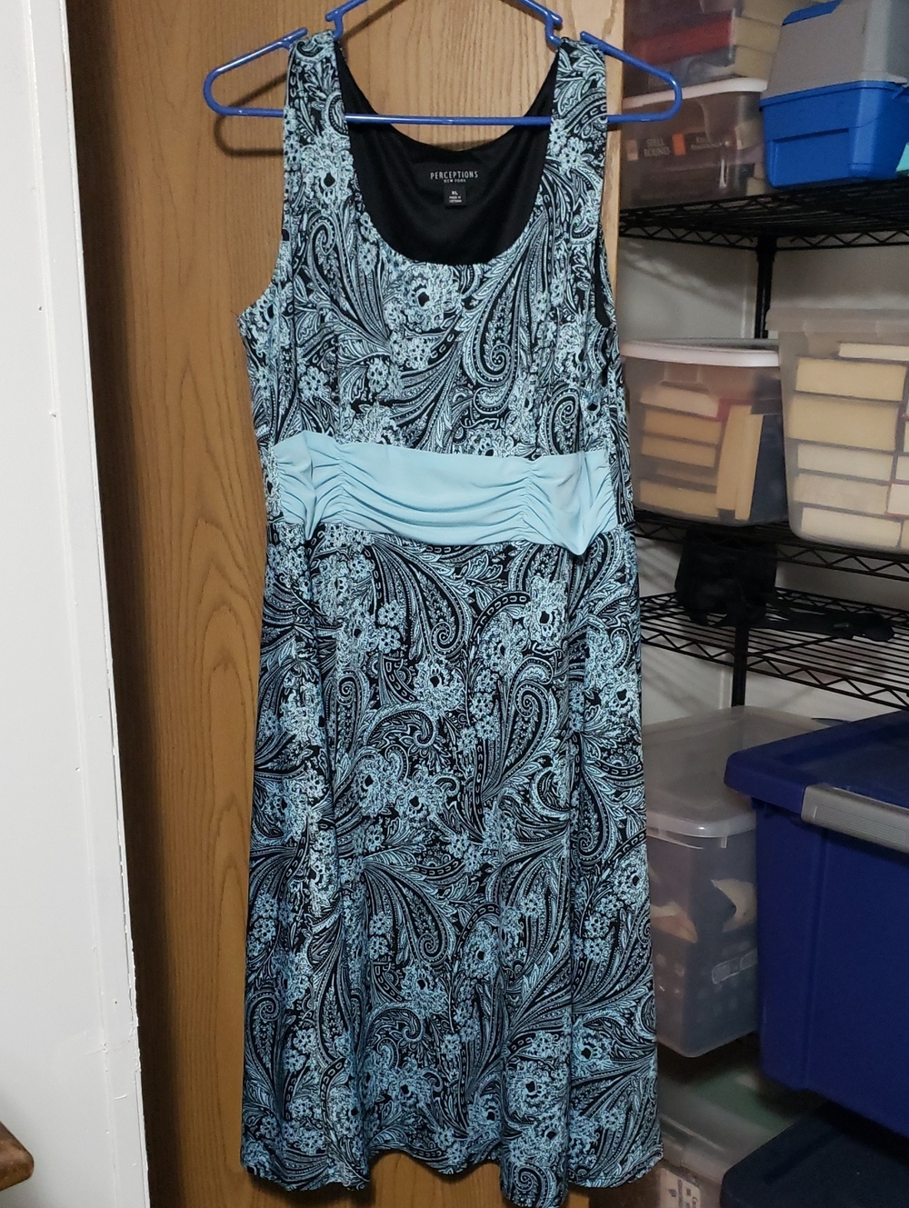 Perceptions Light Blue and Black Paisley Midi Dress with Ruched Waist